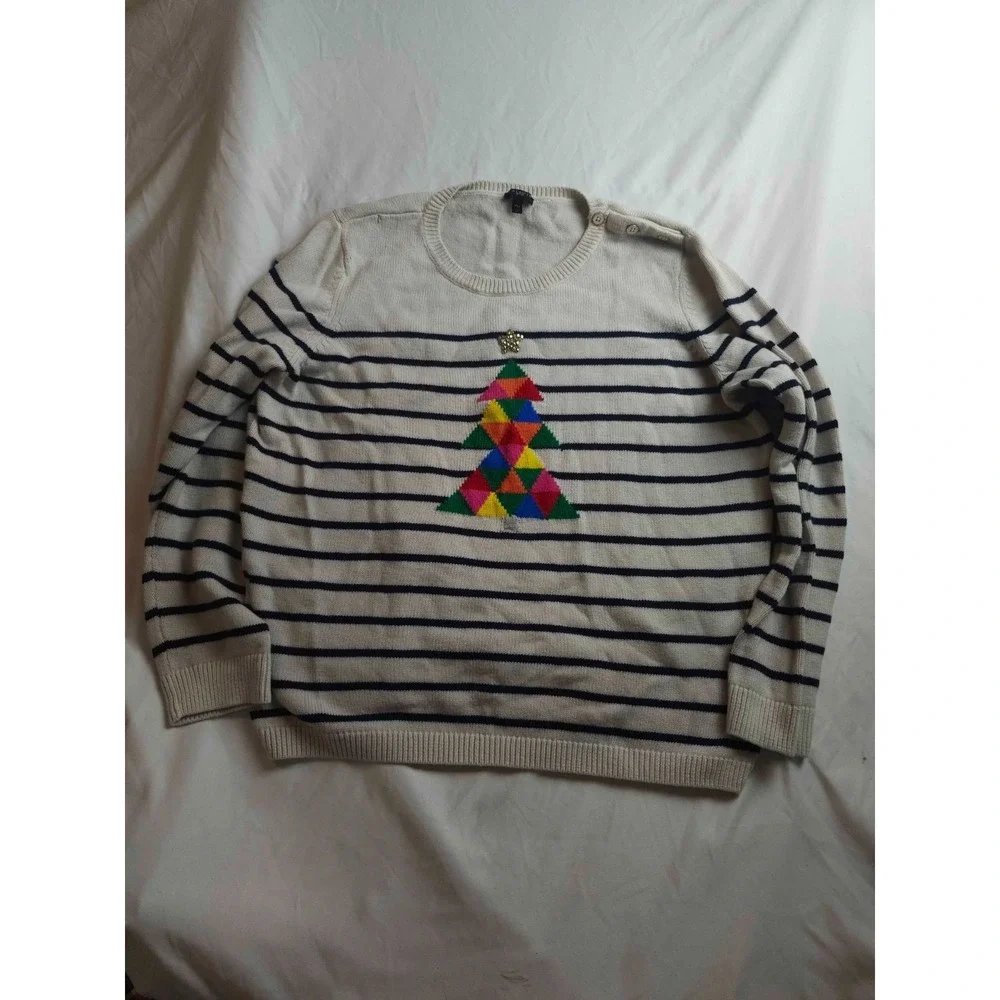 Talbots Christmas Tree Sweater Womens Petite XLP Striped Beaded Cozy Holidaywear